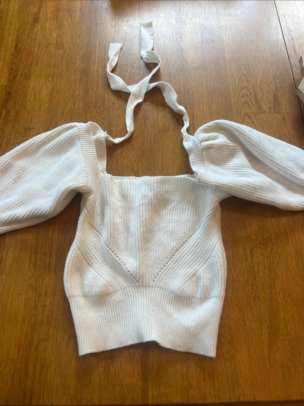 MINKPINK Off-the-Shoulder Knit Sweater in Ivory White Small Tie neck off shoulde
